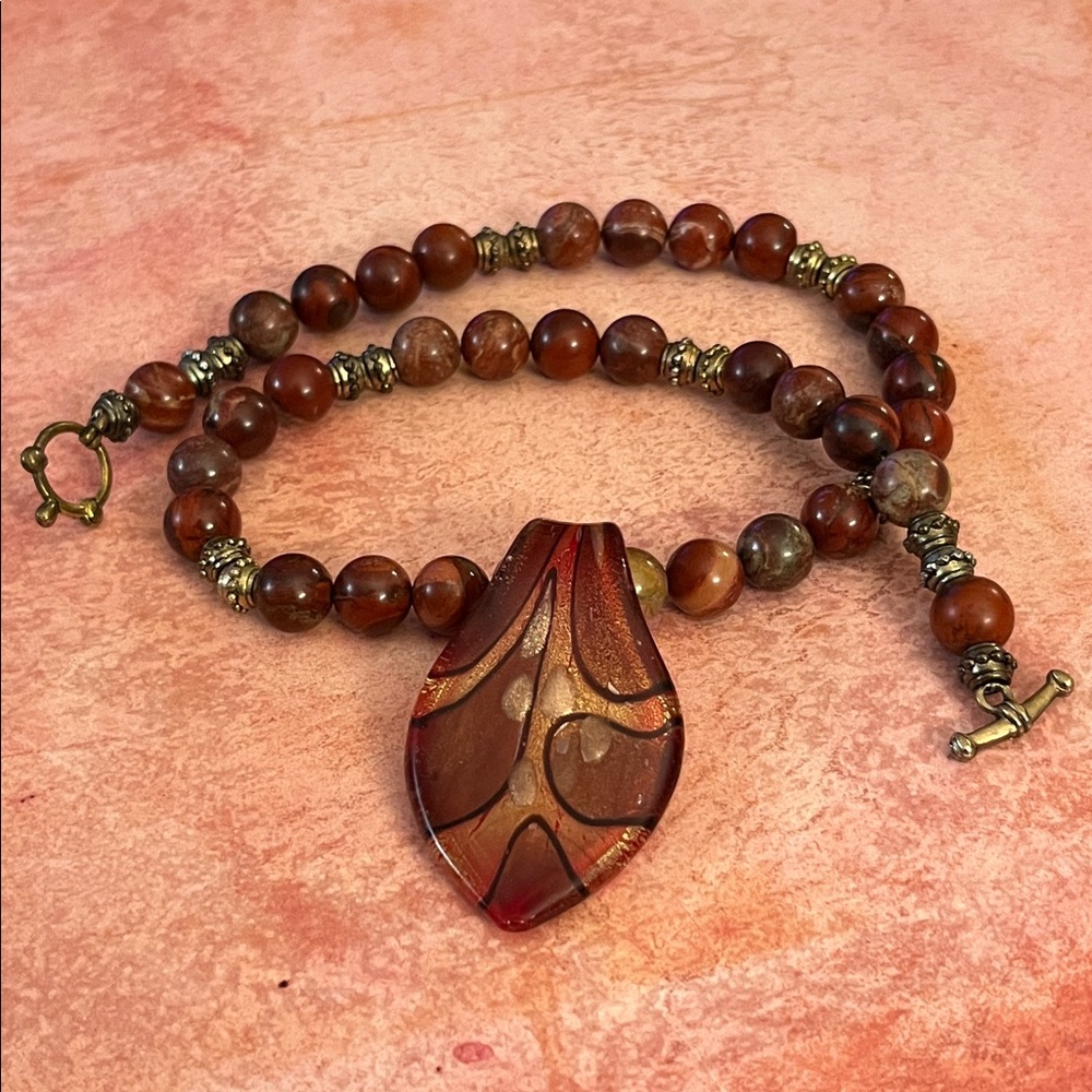 Red jasper beaded choker with tear drop art glass pendant red, brass, and black